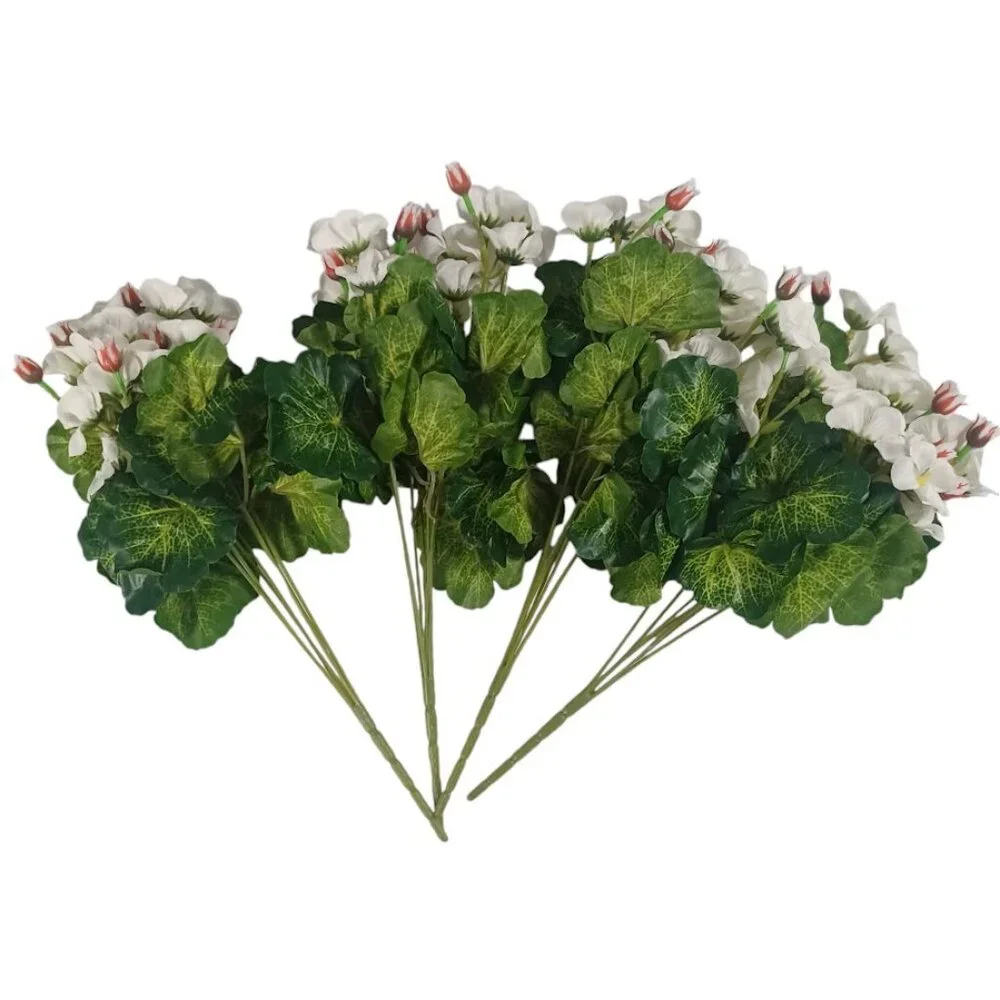Mini Geraniums Artificial Faux Flowers -White -Set Of 4 -NEW -Floral Decoration